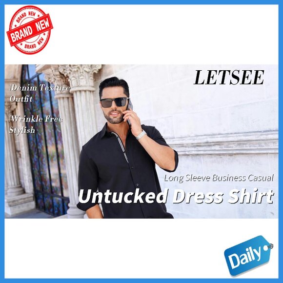 Men's Long Sleeve Button Down Shirt Wrinkle Free Business Casual Denim - Picture 7 of 8